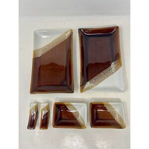 Sushi Set Plate Chopstick Rest Wasabi Sauce Bowl 6 Pieces Brown Tan Geometric